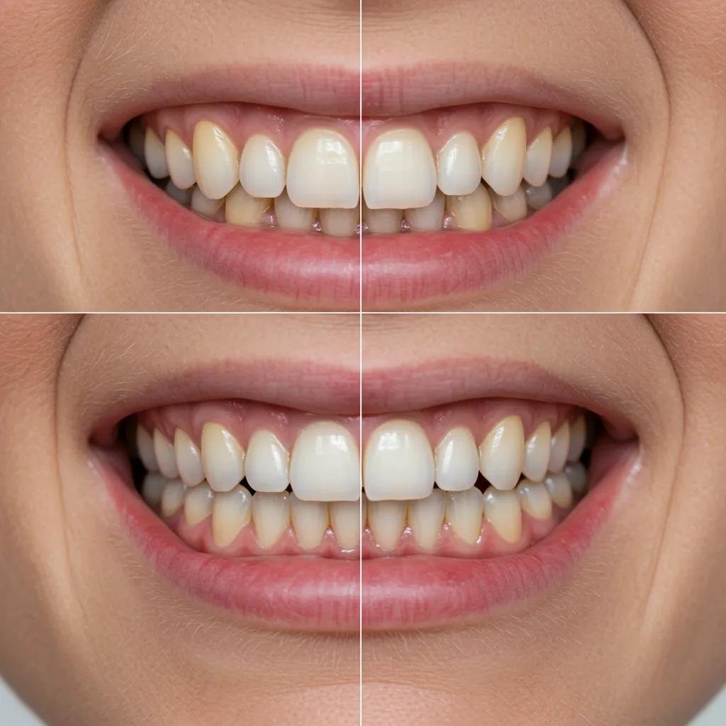 Voor- en na-foto's van een glimlachtransformatie van een patiënt, die de impact van esthetische tandheelkundige behandelingen illustreren