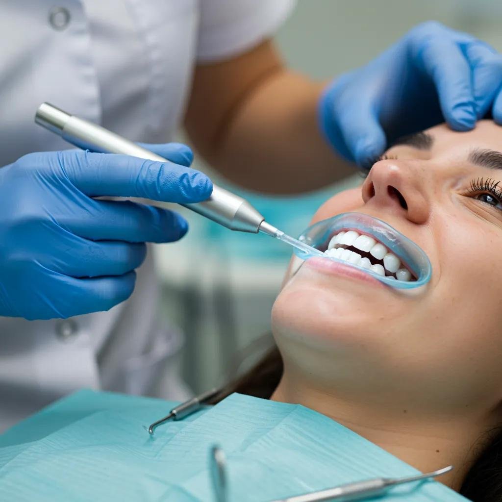 Tandheelkundige professional die een tandenbleekbehandeling uitvoert bij een patiënt, met nadruk op esthetische procedures