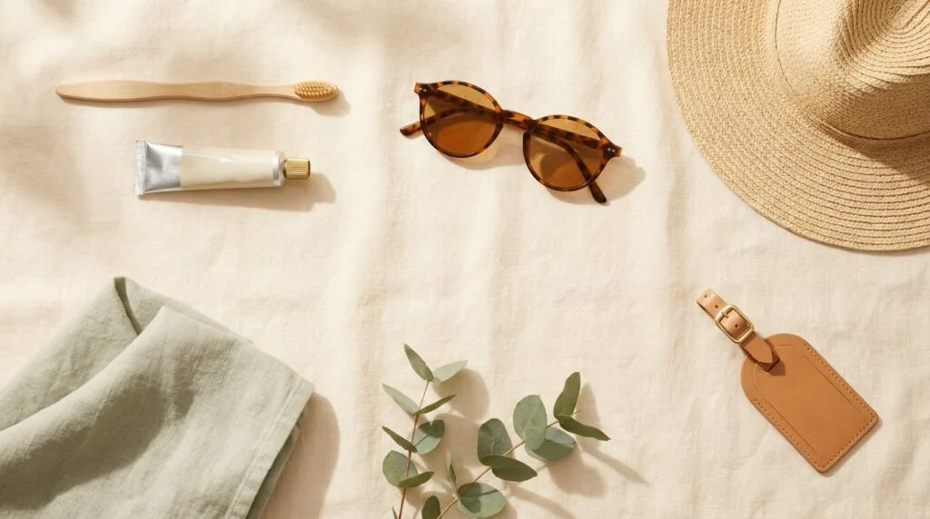 Zomerse flatlay met tandenborstel, tandpasta, zonnebril en zonnehoed
